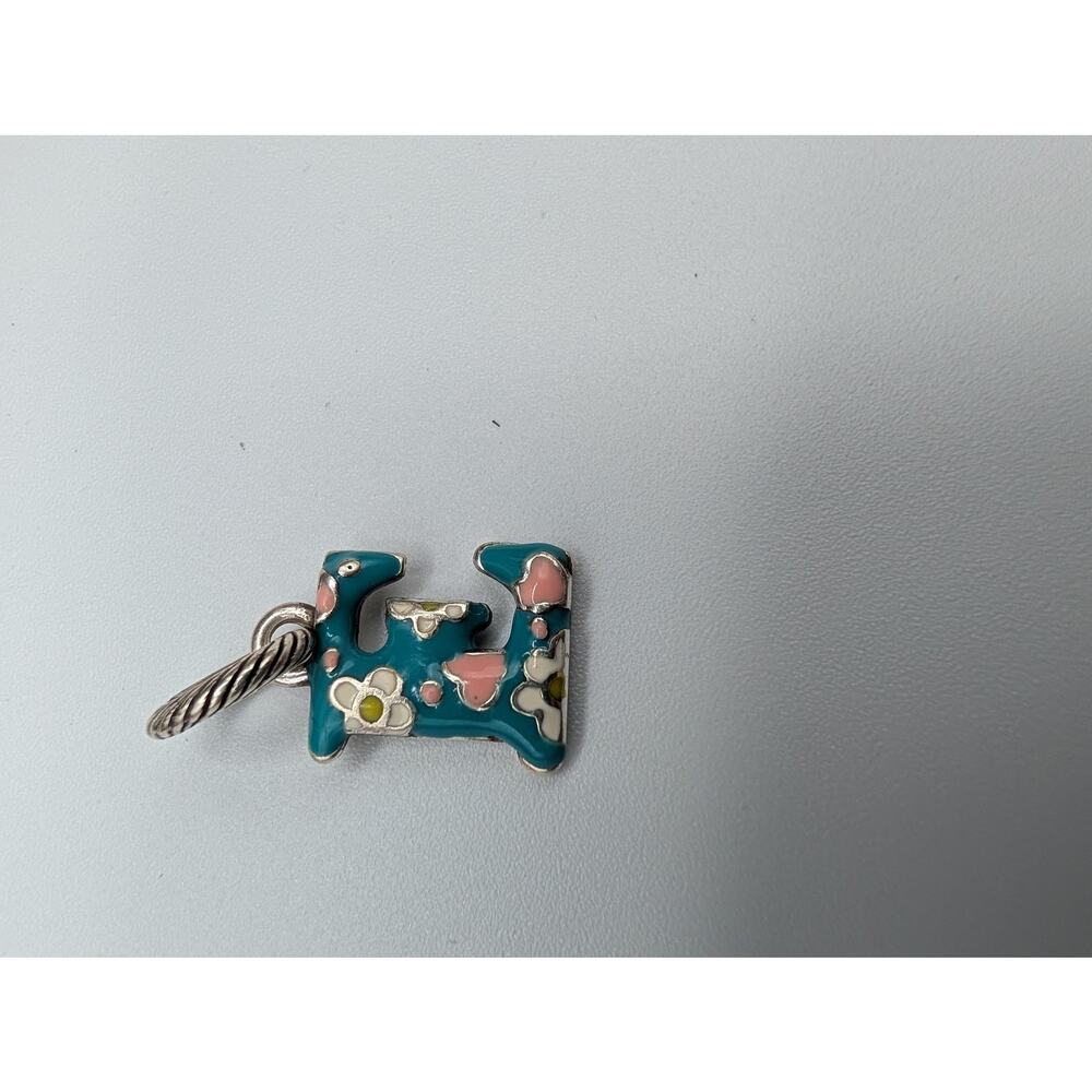 Brighton Letter E Initial Charm Teal Enamel Pink Flowers Silver Tone